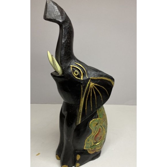Hand Painted Carved Wooden Elephant Figurine Statue Rustic Hand Primitif Asian - Picture 12 of 13